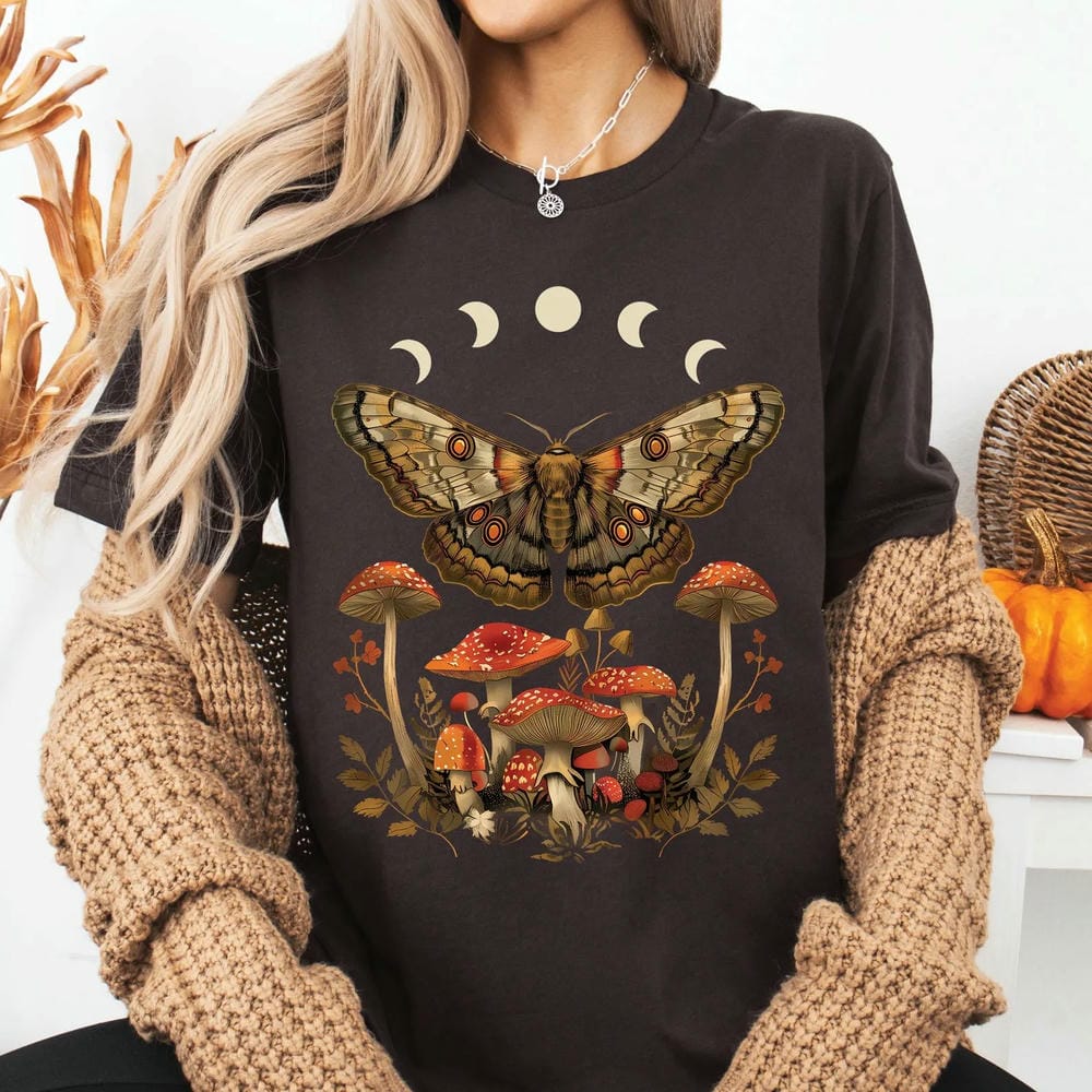Женский винтажный топ Dark Academia Goblincore с изображением мотыльков, фаз луны, грибов, в стиле Cottagecore, унисекс, с коротким рукавом, уличная одежда