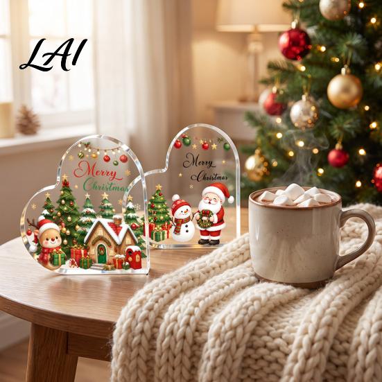 Romantic Christmas Gifts Heart Shaped Acrylic Tabletop Sign 2D Winter Snow Scene Desktop Ornament Home Party Supplies with Santa Snowman &