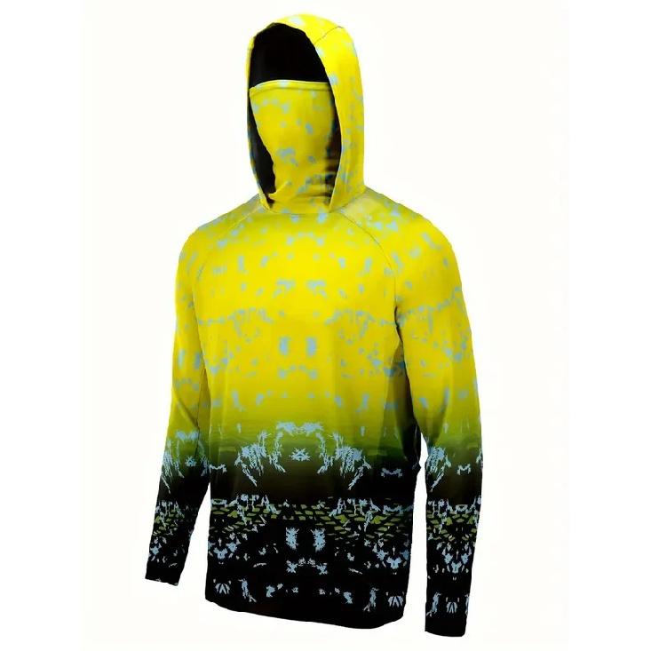Men UPF50+ Blue Camo Fishing Hoodie With Face Mask Quick Dry Long Sleeve Sun Protection Outdoor Fishing Sports Shirts