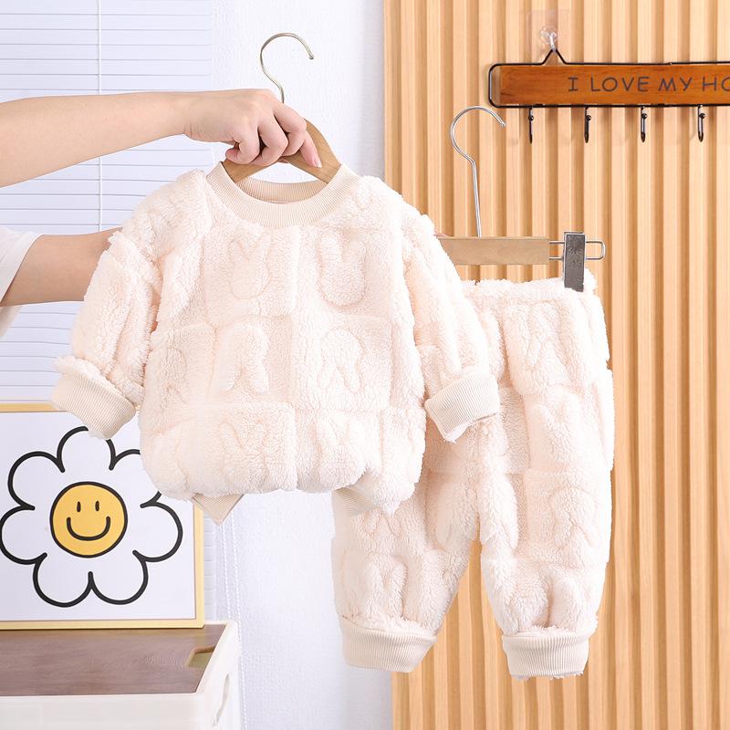 2 dona Bolalar Pijama To'plami Kuz Qish Qalin Issiq O-bo'yin Bir xil Rangli O'g'il Qizlar Termal Ichki Kiyim Uzun Yengli