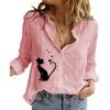 Women Fashion Cat Print Cotton Linen Shirt Ladies Lapel Collar Buttoned Top Spring Summer Fall Casual Loose Long Sleeve Blouses