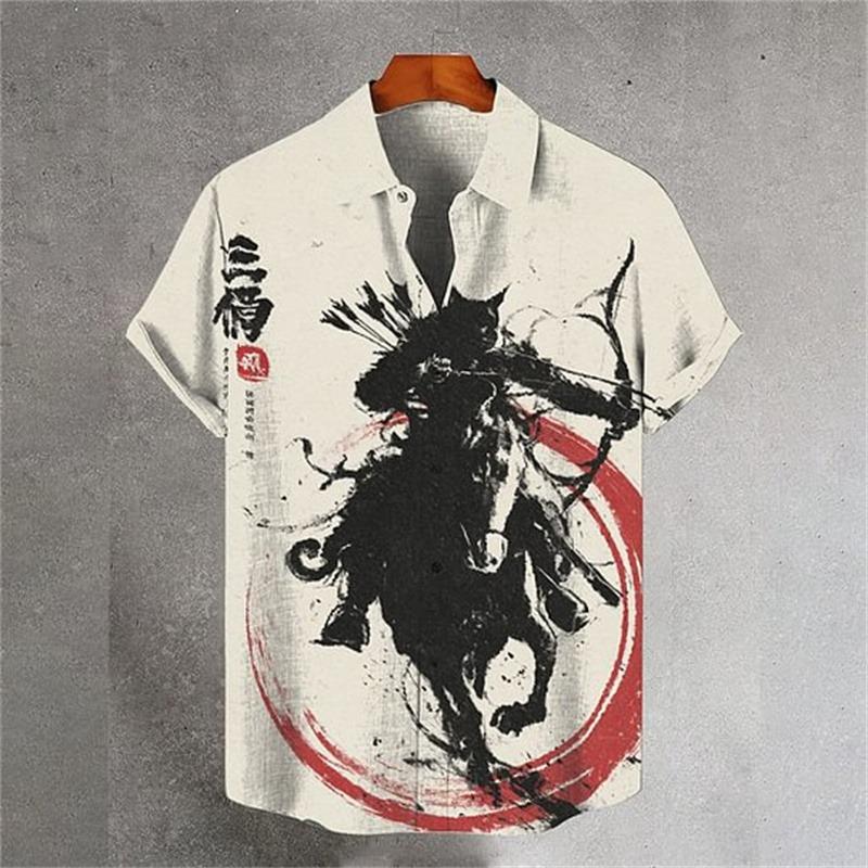 Men's Warrior Cat Art Linen Shirt Blossom Print Casual Hawaiian Shirt Summer Short Sleeved Shirt Top