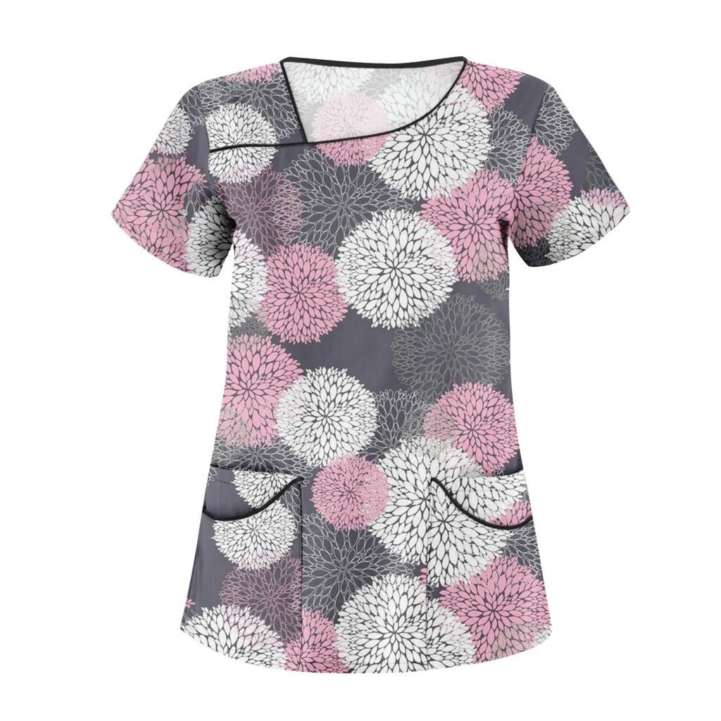 Женская модная рабочая одежда с короткими рукавами с цветочным принтом и верхом с двойными карманами