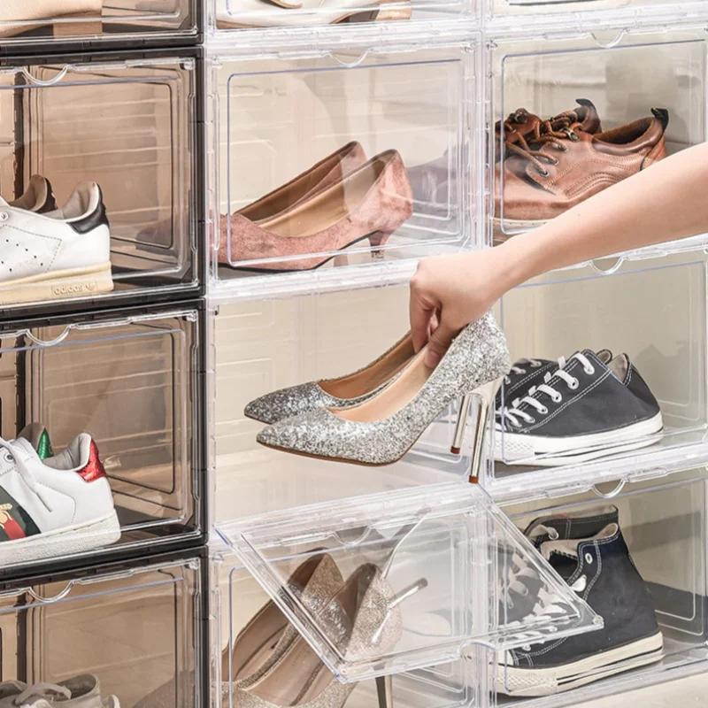 Складная коробка для обуви из утолщенного полипропилена, ящик для хранения кроссовок и обуви, штабелируемый пылезащитный штабелируемый шкаф, органайзеры для обуви, полка
