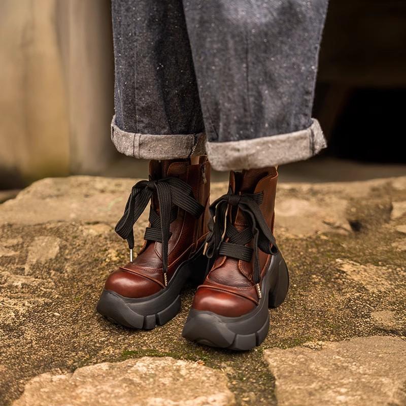 GKTINOO Ретро Ботильоны на Толстой Подошве 2025 Осень Зима Новые Натуральная Кожа Круглый Носок Однотонные Универсальные Туфли на Платформе