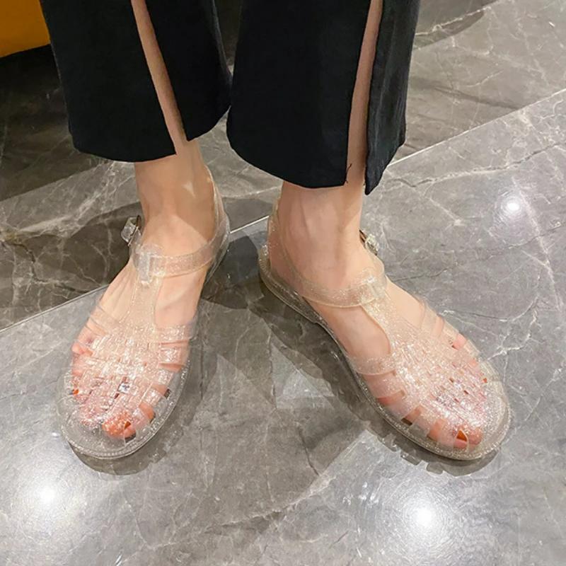 Пластиковые сандалии, женская летняя обувь, бесплатная доставка, Акция, женские повседневные прозрачные сандалии на плоской подошве, пляжная обувь Sandalias De Mujer