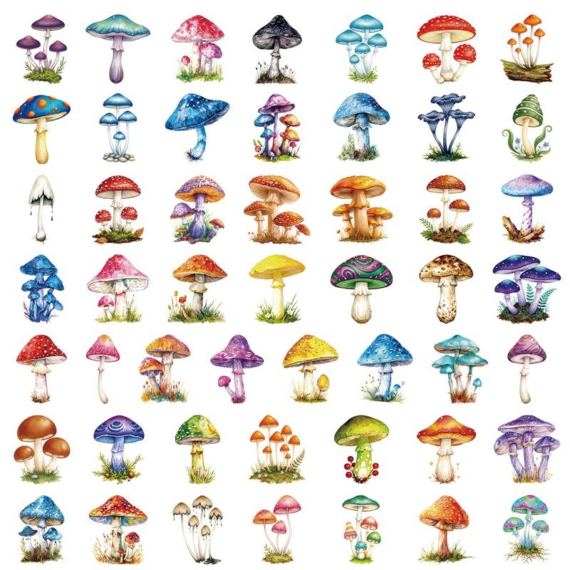 50PCS Cartoon Mushroom Colored PET Sticker Aesthetic Decoration Scrapbooking Stationery DIY Hand Accounting Supplies for Kids