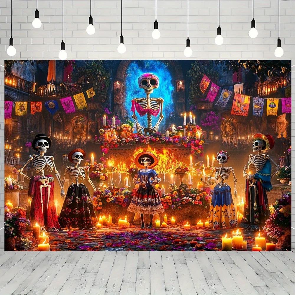 2D flat banner 1 piece vivid skull background banner - colorful Halloween party decoration