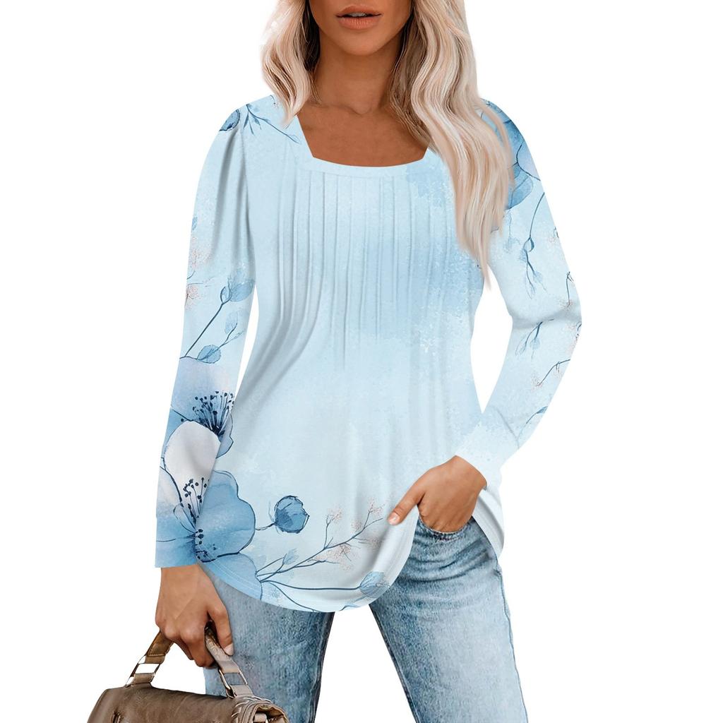 Long Sleeve Shirts For Women Tops Dressy Casual Blouses Pleated Square Scooped Neck Tunic Tops
