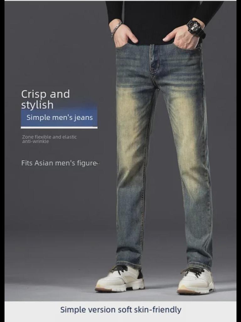 2023 Мужские модные эластичные джинсы с потертостями — повседневные брюки облегающего кроя на осень/зиму