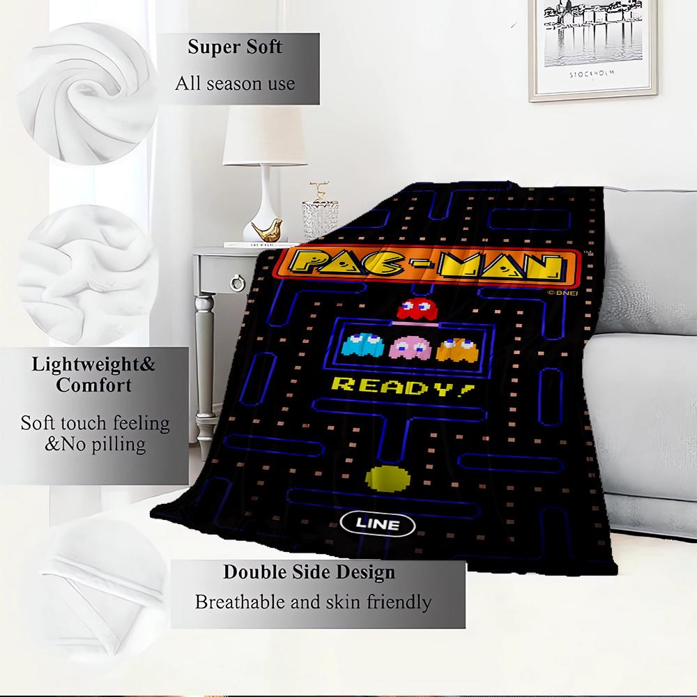 1pc Pac-Man,Arcade,RetroDigital Print Fleece Blanket - Contemporary Style, Suitable for All Seasons, Perfect for Home, Travel, or Camping -