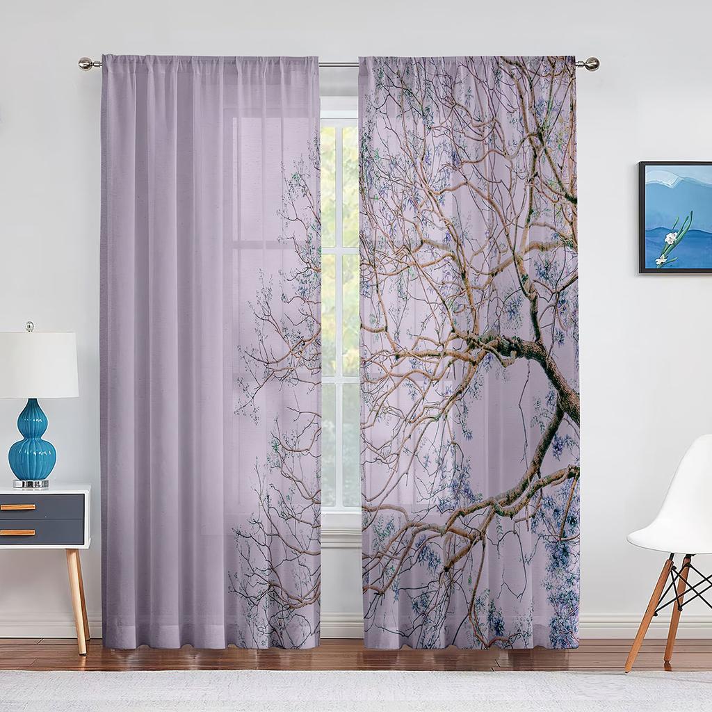 Серые тюлевые вуали с принтом ветвей деревьев для спальни, оконные занавески для гостиной, прозрачные шторы, жалюзи, шторы из органзы
