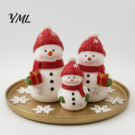 Seasonal Home Decor Christmas Resin Snowman Figurine, Cute Family of 3 Statue with Santa Unique Presents Hat, Red Scarf, Holiday Tabletop Ornament for