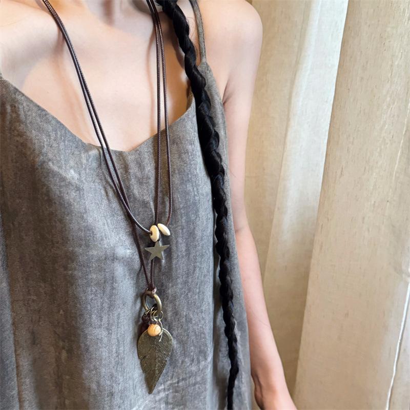 Новое китайское длинное ожерелье-свитер Zen, женская двухслойная цепочка на шею в стиле ретро и этнического стиля с бусинами, цепочка на ключицу в виде перьев