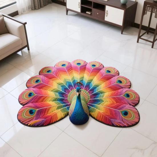 Yousheng Floor Mat Colorful 3D Peacock Design Quick-Drying Crystal Velvet Soft Absorbent Bath Rug Anti-slip Backing Easy Care Bathroom Mat