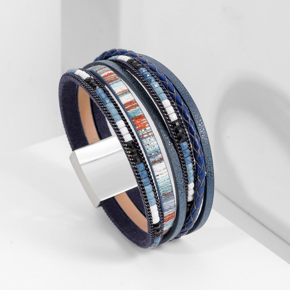 Женский браслет в стиле бохо с рисовыми бусинами, кожаный многослойный кожаный плетеный браслет ручной работы