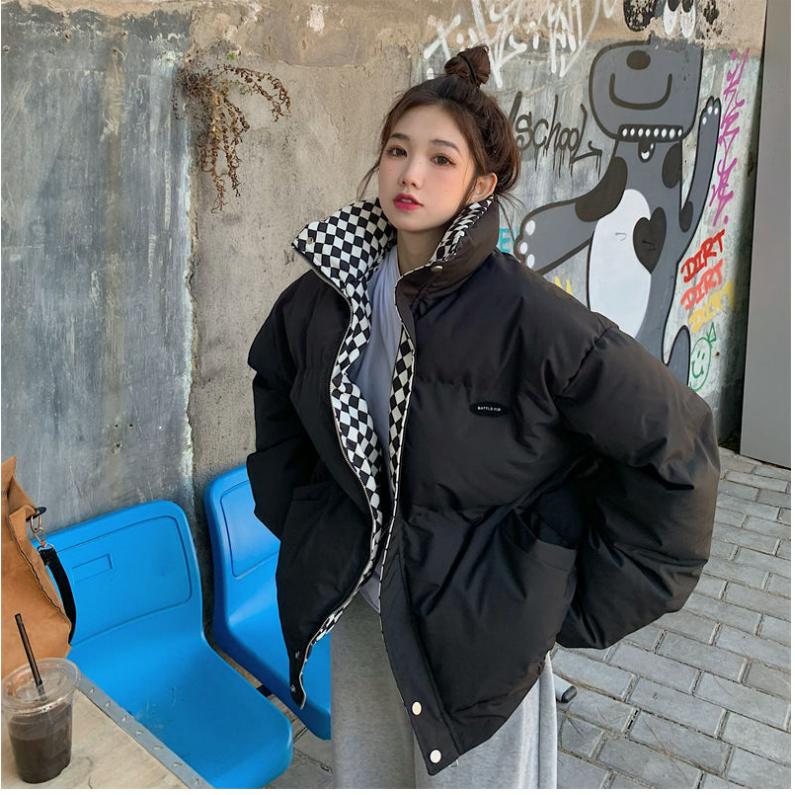 Winter Checkerboard Down Padded Jacket Women's Loose Wind Stand-up Collar Short Padded Jacket Padded Jacket Thickened Bread Jacket