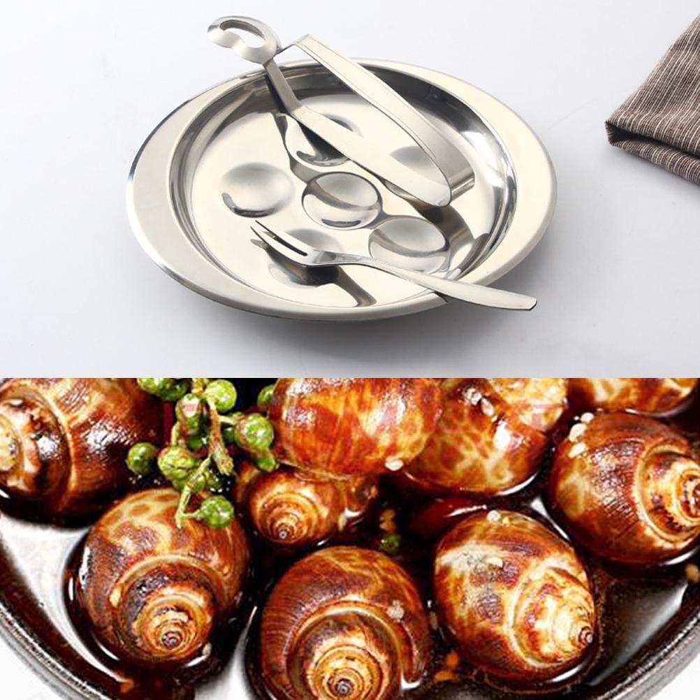 Набор тарелок для улиток из нержавеющей стали. Обеденный набор для улиток, 6 отделений, посуда для улиток, щипцы и вилка.