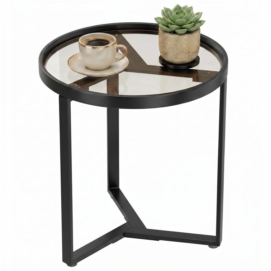 Round Side Table With Tempered Glass Top And Geometric Metal Frame For Small Space Black
