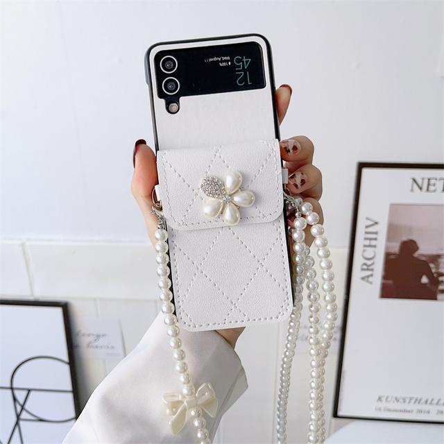 Модный чехол через плечо с жемчугом и бантом, ремешок для карточек, чехол для телефона для Samsung Galaxy Z Flip 4 3 Z Flip3 Flip4 5g, милые чехлы