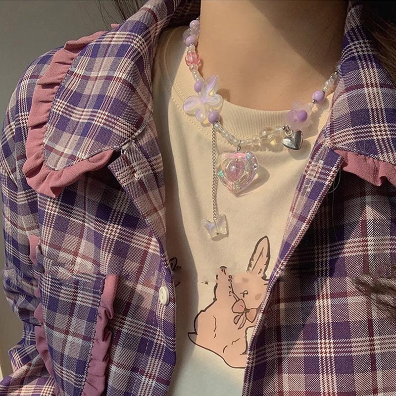 Y2K Сердце Бабочка Подвеска Чокер Ожерелье Цветной Бисер Ключичная Цепочка Для Женщин Девочек Панк Милая Эстетическая Украшения Для Вечеринки