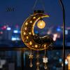 Whimsical Cat Sculpture for Garden Solar Halloween Hanging Moon Lamp with Ghost Star Charm, Black on Crescent Illuminated Outdoor Decor Home