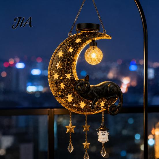 Whimsical Cat Sculpture for Garden Solar Halloween Hanging Moon Lamp with Ghost Star Charm, Black on Crescent Illuminated Outdoor Decor Home