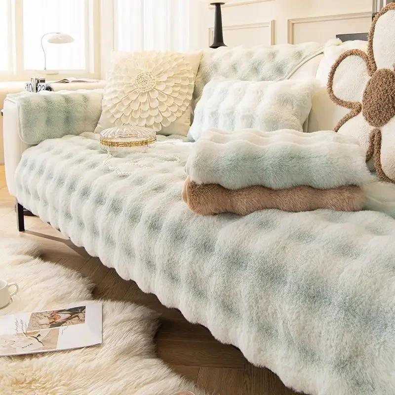 Зимний утепленный чехол для дивана с кроликом, теплые подушки, кожаная Г-образная спинка дивана, подлокотники, нескользящие чехлы для диванов в гостиной