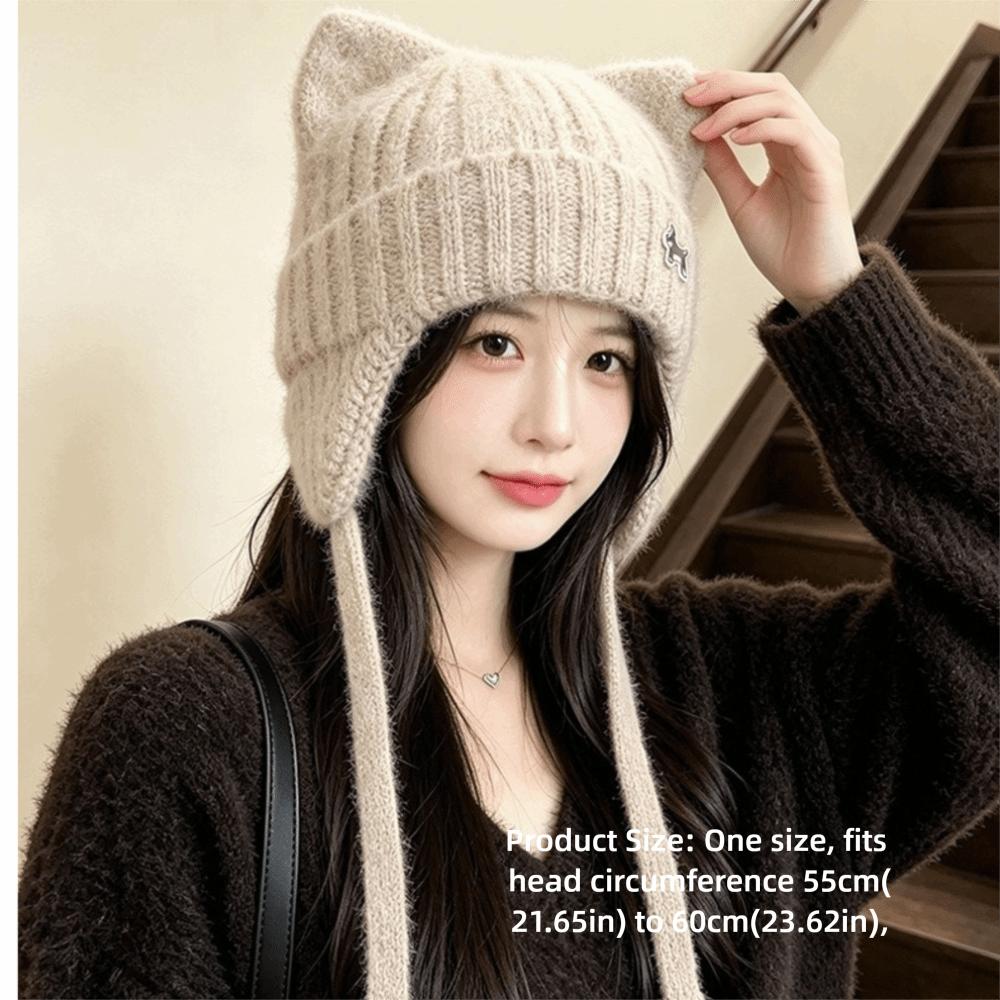 Chin Strap Cat Ear Knitted Hat 55cm To 60cm Circumference Earflap Hat Snow Weather