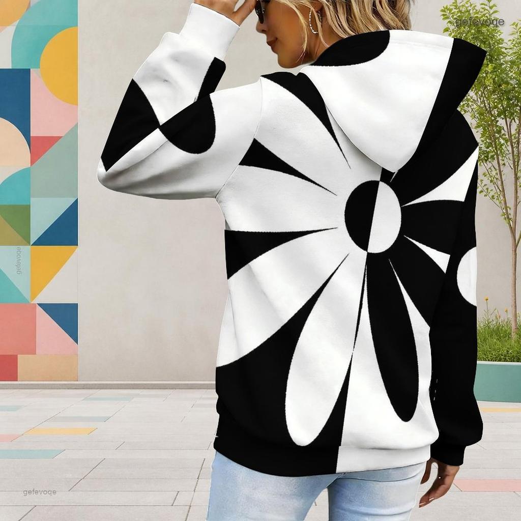 Women Plus Size Black White Floral Printed Long Sleeve Drawstring Hood Kangaroo Pocket Pullover Hoodie
