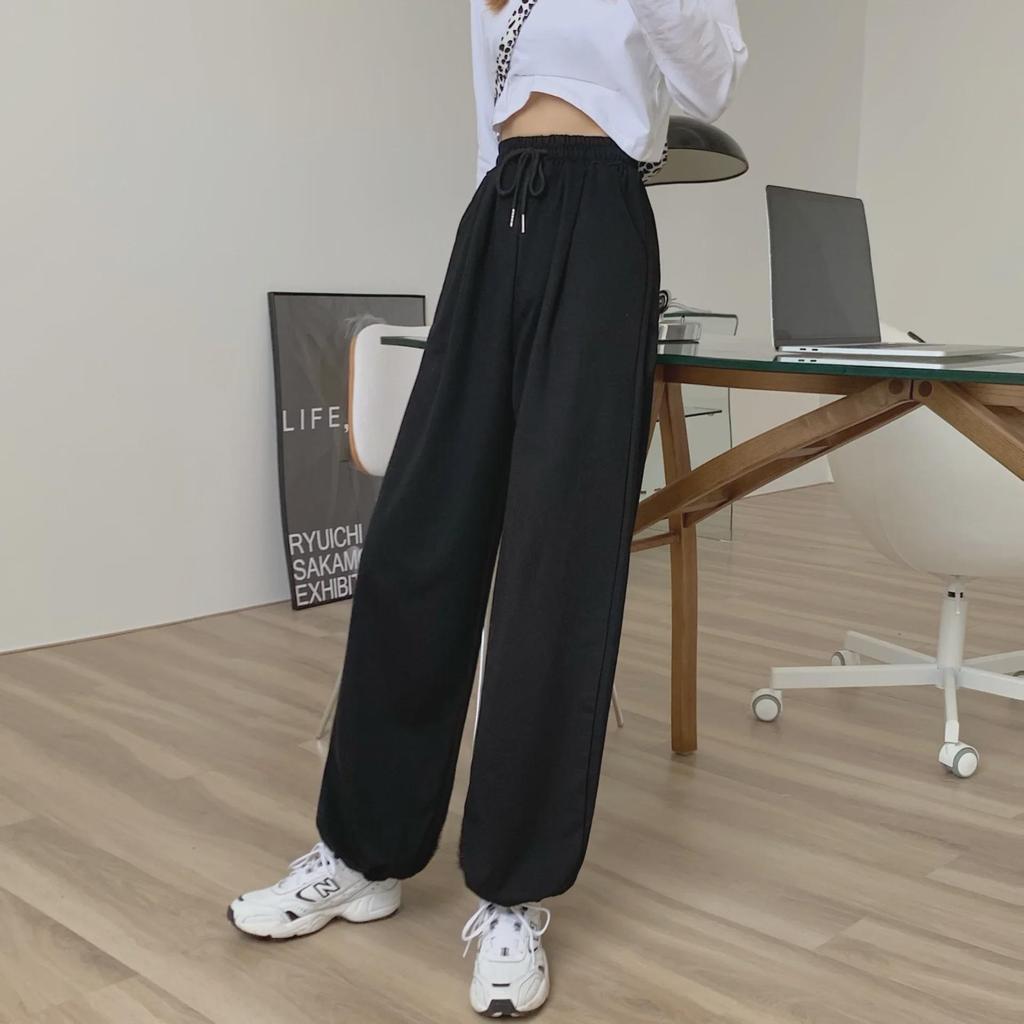 Women's Gray Wide-Leg High Waist Sports Pants with Loose Cuffs - Slimming and Versatile for Autumn/Winter
