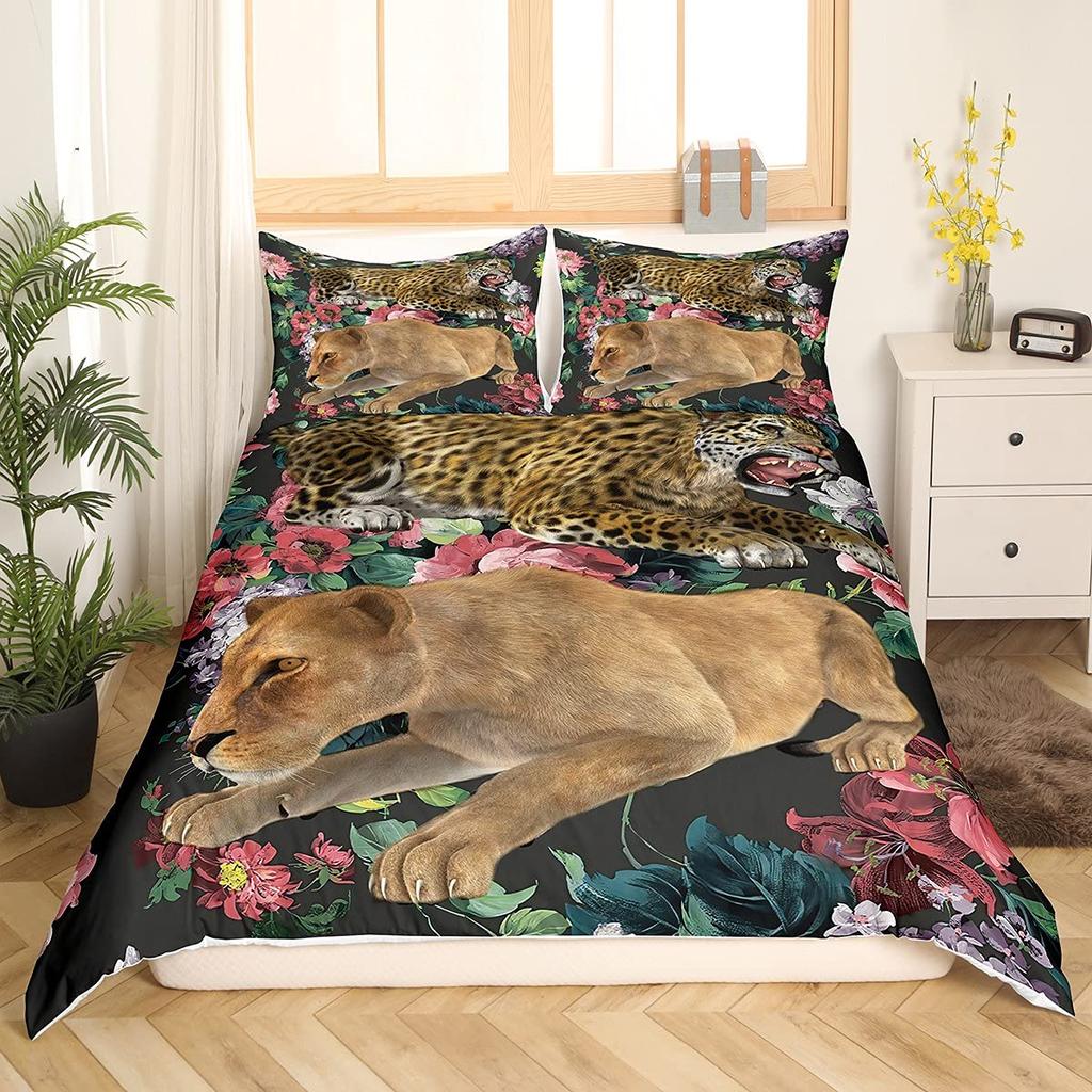Lion Rose Duvet Cover Sets King Size Animal Floral Print Polyester Comforter Cover Nature Theme Bedding Set for Kids Adult Teens
