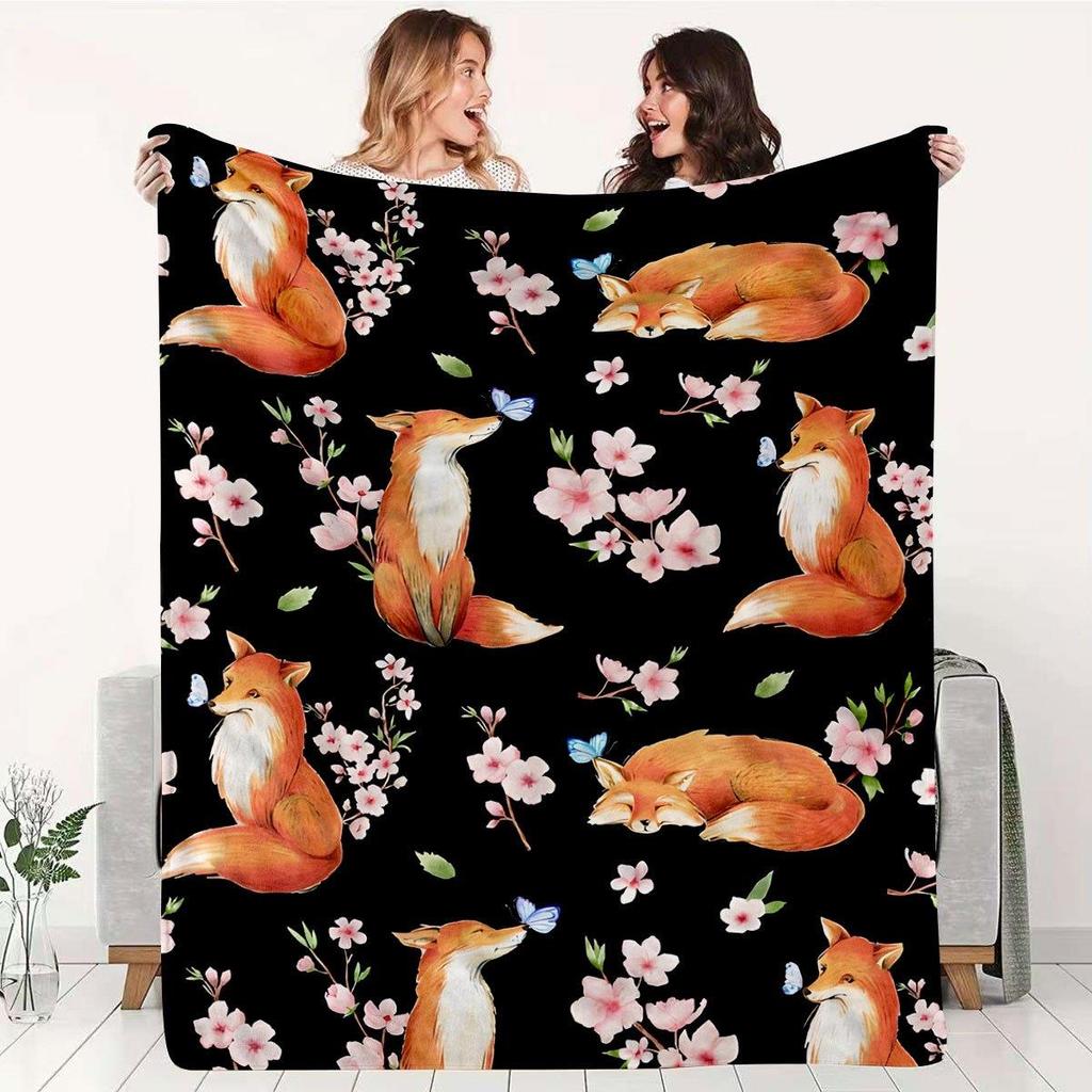 1pc Cozy Fox Cherry Blossom Pattern Blanket New Spring Animal Floral Print Throw Office Nap Air Conditioning Blanket Home Sofa