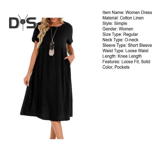 Женское платье с круглым вырезом, коротким рукавом, длиной до колена, однотонное платье с карманами, свободное летнее платье