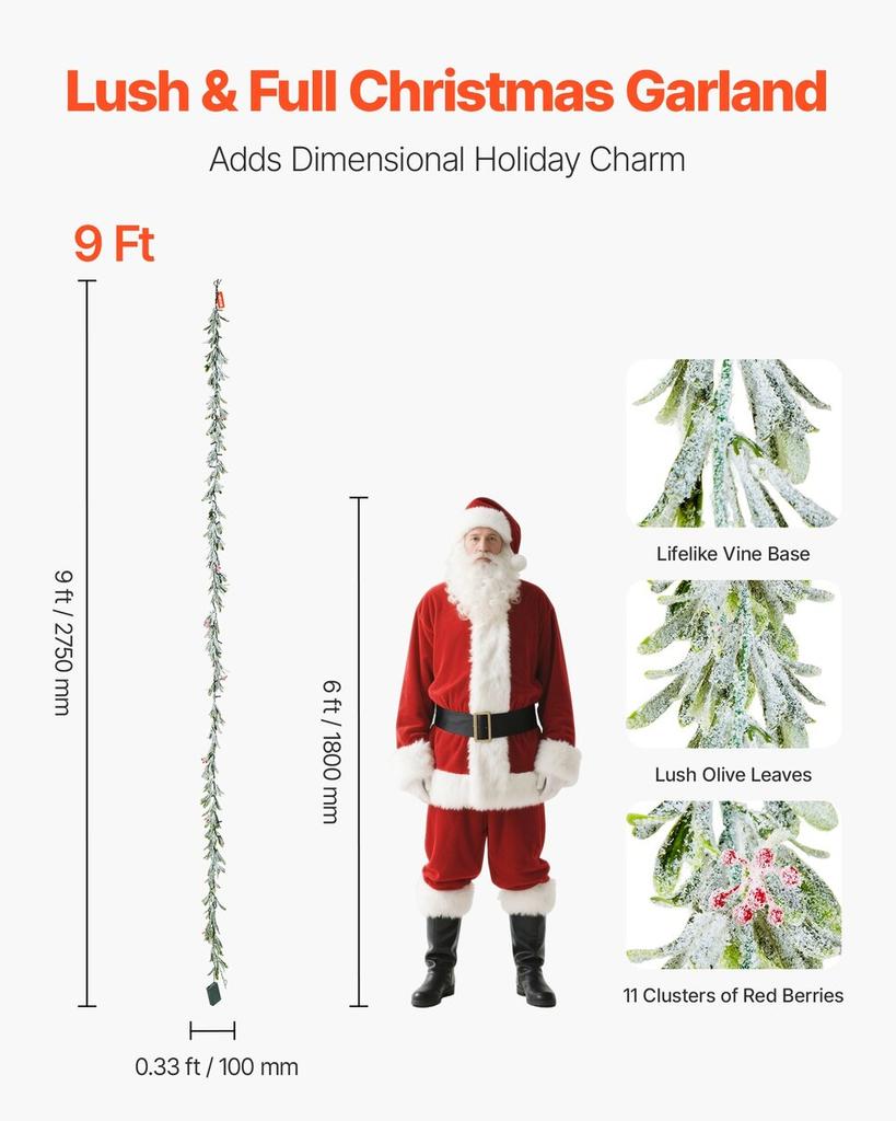 Christmas Garland, 2750 mm Realistic Greenery Decorated with Vines, Olive Leaves, and Berries, Evergreen Faux Garlands with Light String for Indoor