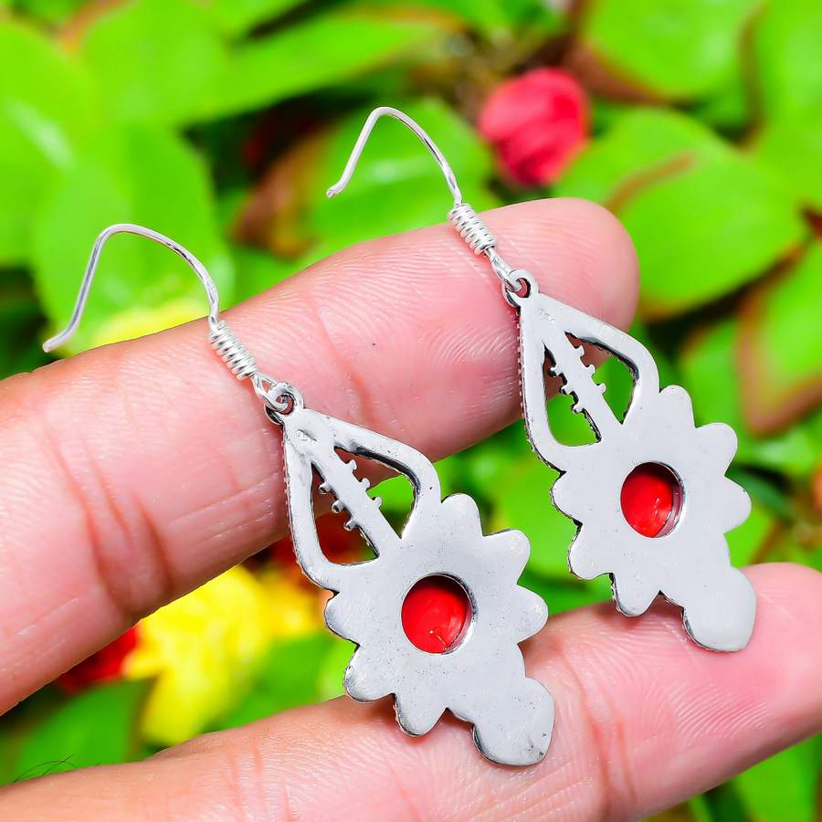 Natural Italian Red Coral Gemstone 925 Sterling Silver Earring 2.09" F8V89