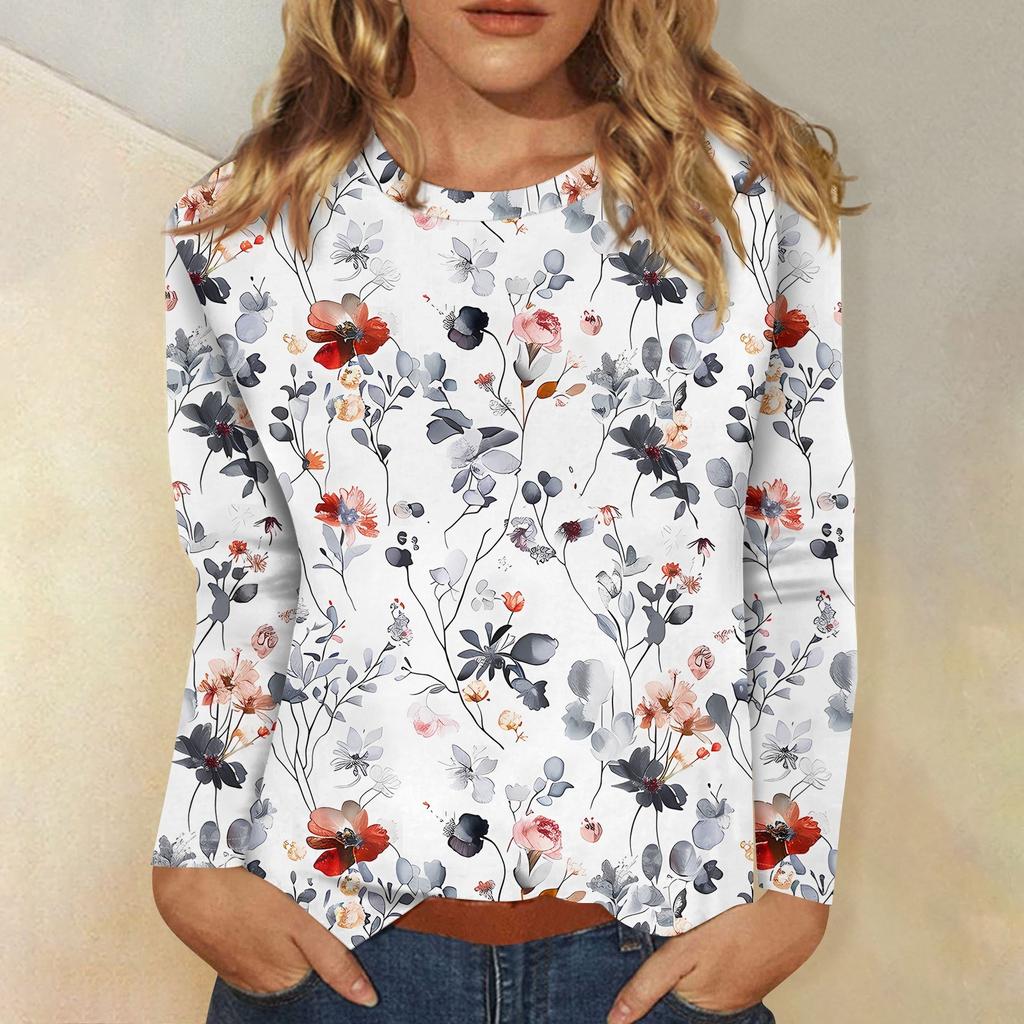 Женский модный повседневный пуловер с круглым вырезом и длинным рукавом с цветочным принтом