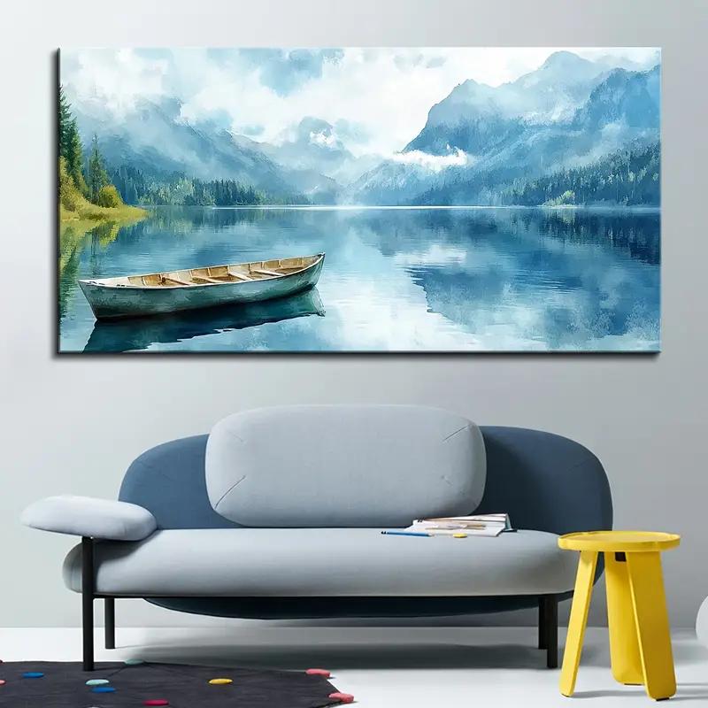 1,5" Толстый Холст Без Рамы Настенное Искусство - Безмятежное Озеро Горы Небо Пейзаж с Лодкой Живопись, Современный Декоративный Вдохновленный Природой