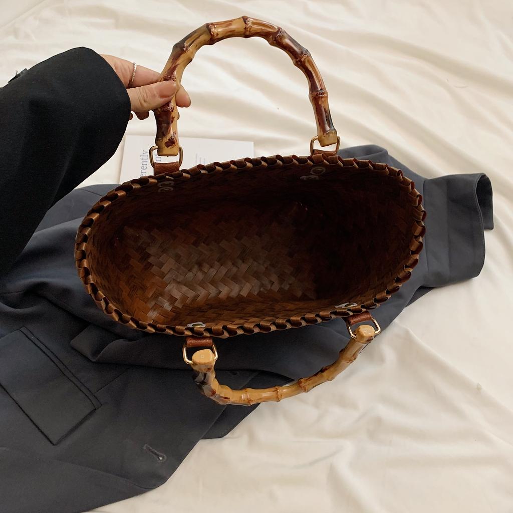 Handmade Woven Bag for Women  New Trendy Handheld Vegetable Basket Bag, Seaside Vacation Style Grass Woven Bucket Bag