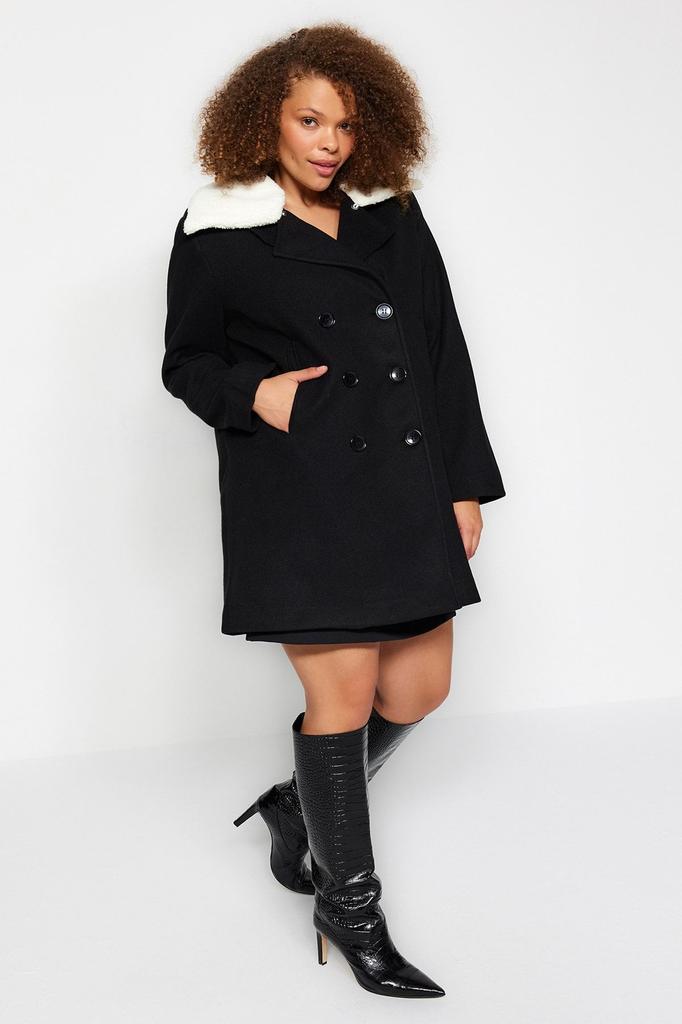 Women's Style Plus Size Black Fur Collar Stitching Coat