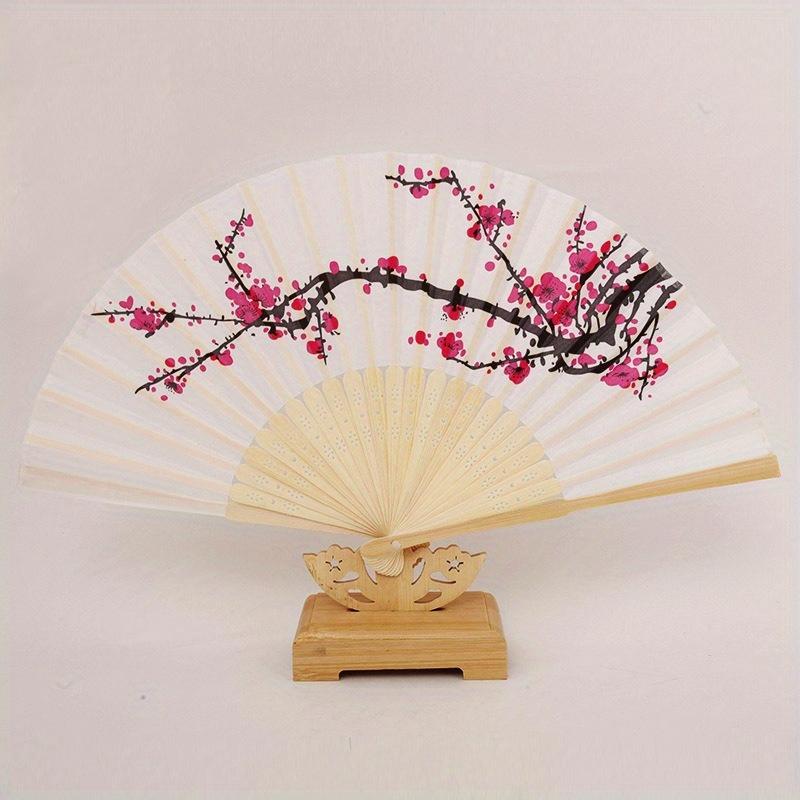 6pcs Cherry Blossom Fabric Folding Fans - Japanese Style Handheld Fans with Pink & Black Floral Design, Elegant Wedding Party Favors & Home Decor