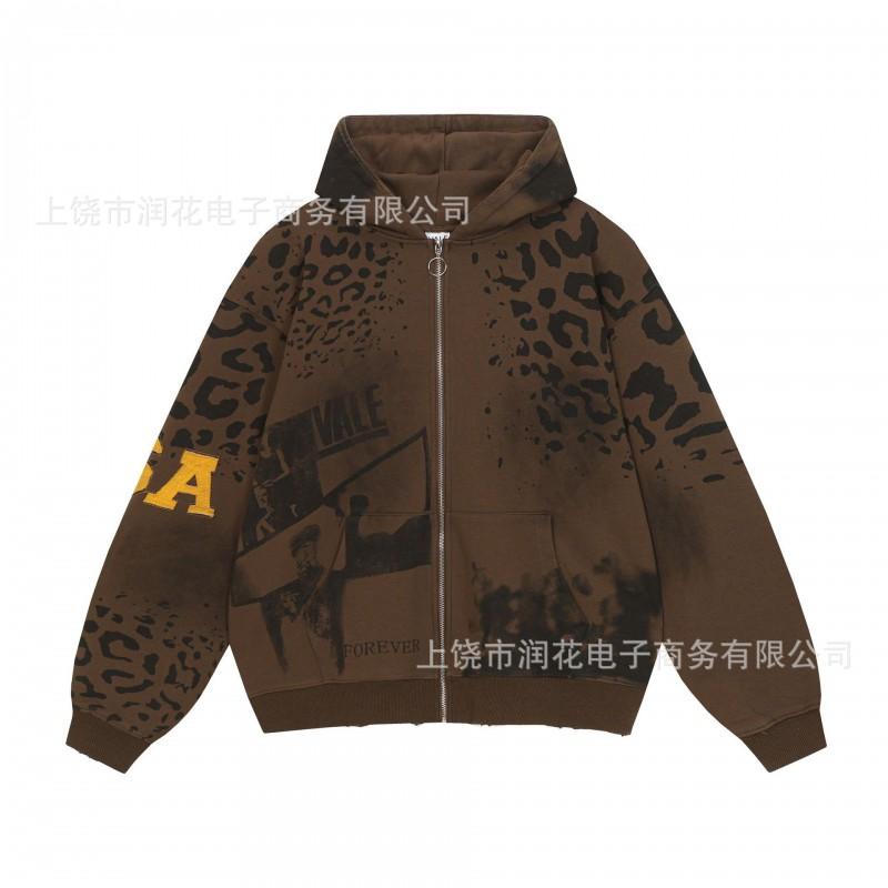 American Vintage 3D Print Hooded Zip Up Sweatshirt Loose Fit Streetwear Couple Top