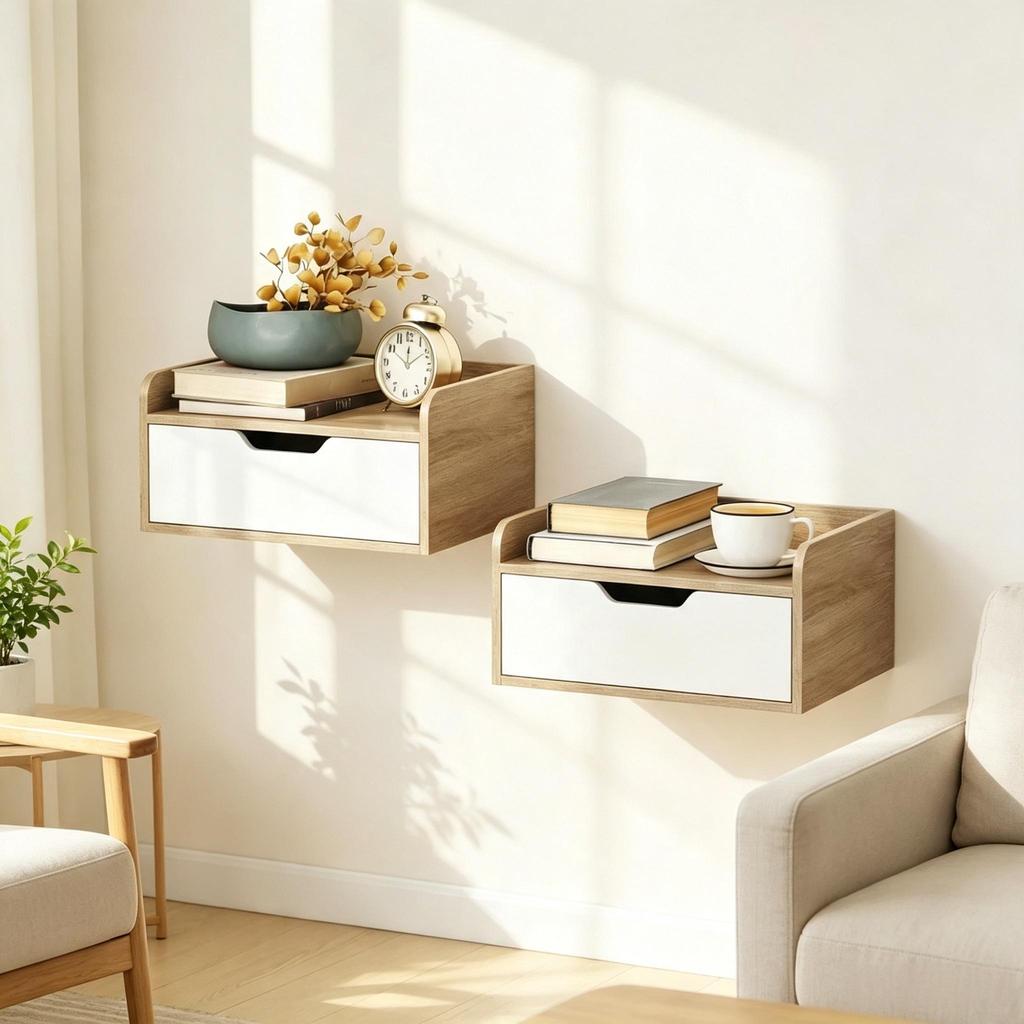 Set of 2 Wall-Mounted Bedside Tables with Drawer, Top with Raised Edges