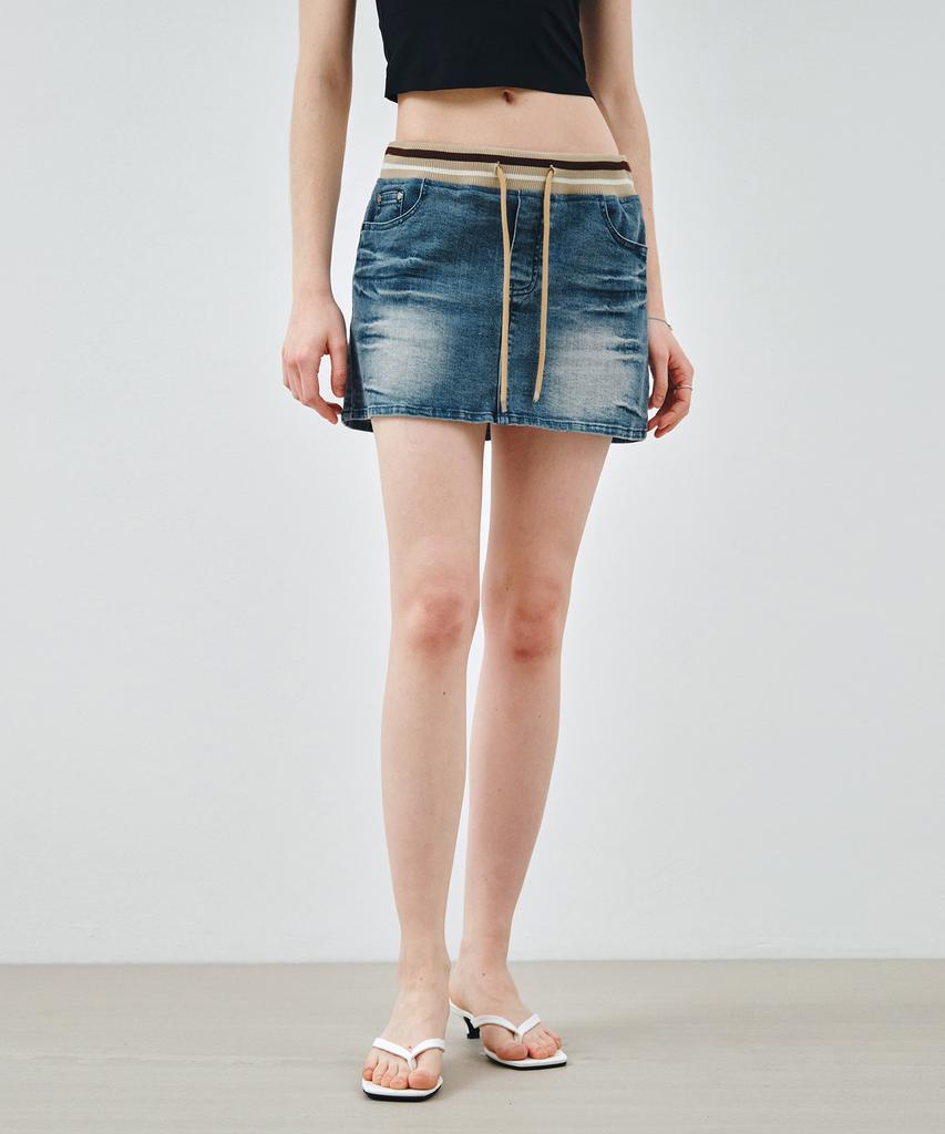 Mongdol Rib Banded Washed Denim Mini Skirt Light Blue Mdsk037Lblue