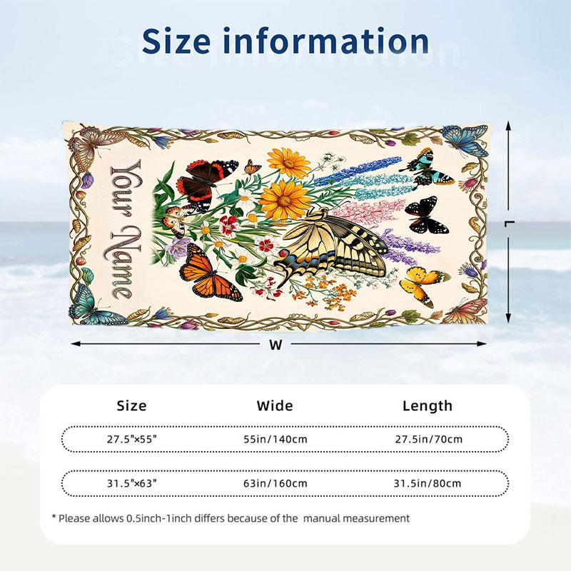 Butterfly Theme Beach Towel Personalized Custom Name & Text Soft Quick Dry Beach Towel for Swimming Travel