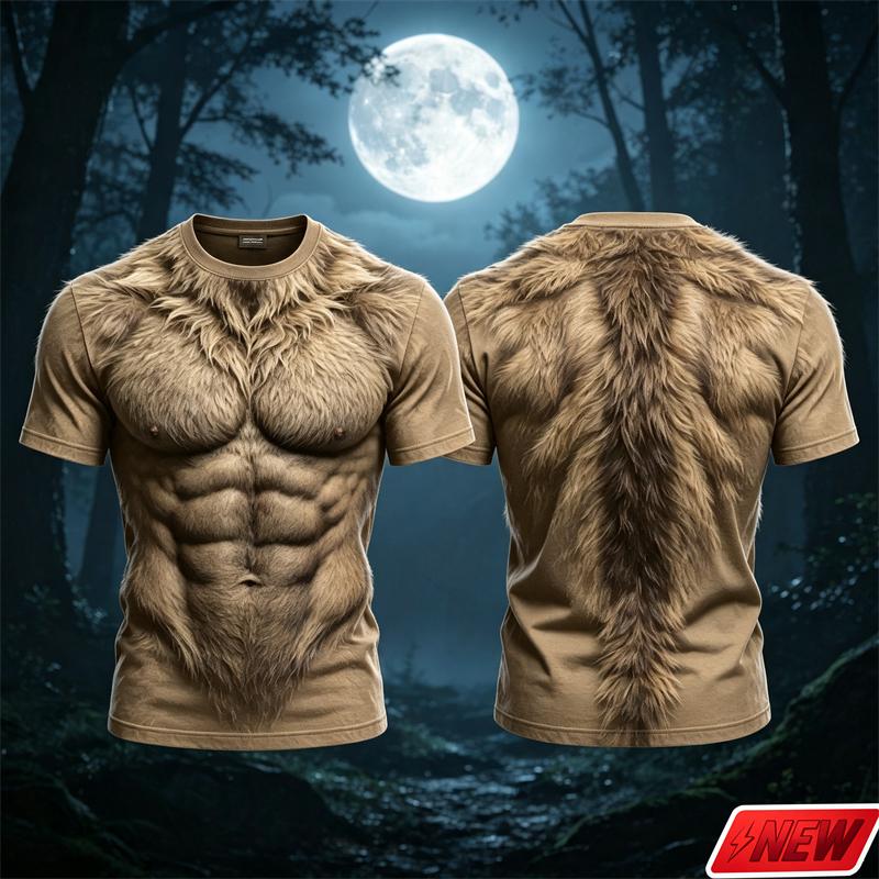 Men 3D Print Fake Wolf Abdominal Muscle Fur Pattern Women's T‑Shirt Fake Hairy Muscle Graphic Short Sleeve Tee Halloween Cosplay Tops