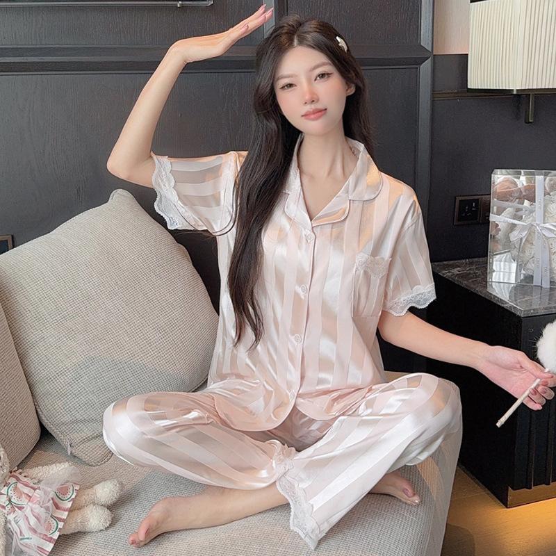 Ice Silk Pajamas Women'S Short-Sleeved Trousers Summer Silk Cute Kitten Jacquard Student Loungewear Set