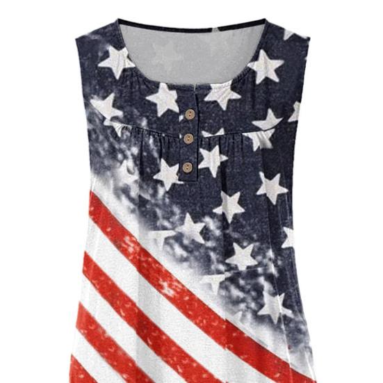 Women Vest Round Neck Buttons Half Placket Sleeveless Tank Tops US Flag Pattern Flowy Hem Camisole Daily Wear