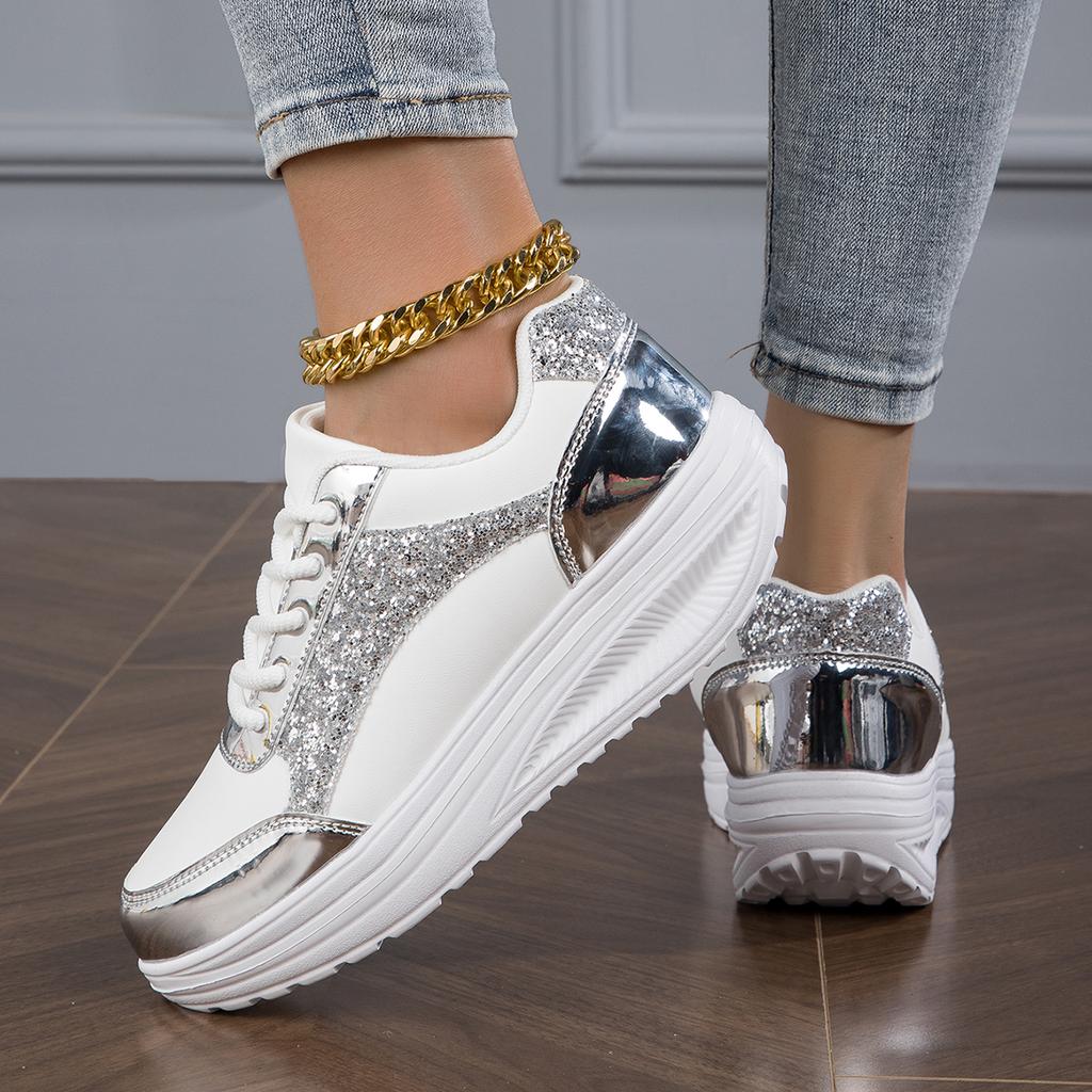 TUINANLE Casual Platform Shoes for Women Silver Glitter Sequin Chunky Sneakers Girls Elevated Thick Soled Shoes