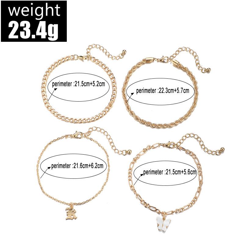 Punk Style Hollow Letter Pendant Anklet, Diamond-Encrusted Butterfly Tassel Pendant 4-Piece Anklet Set